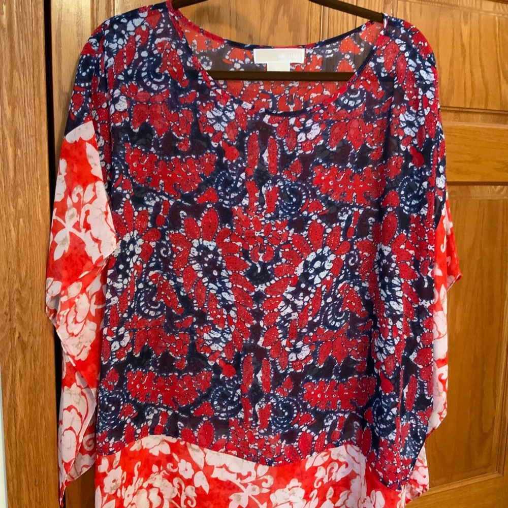 Michael Kors red & dark blue Bakit print blouse.